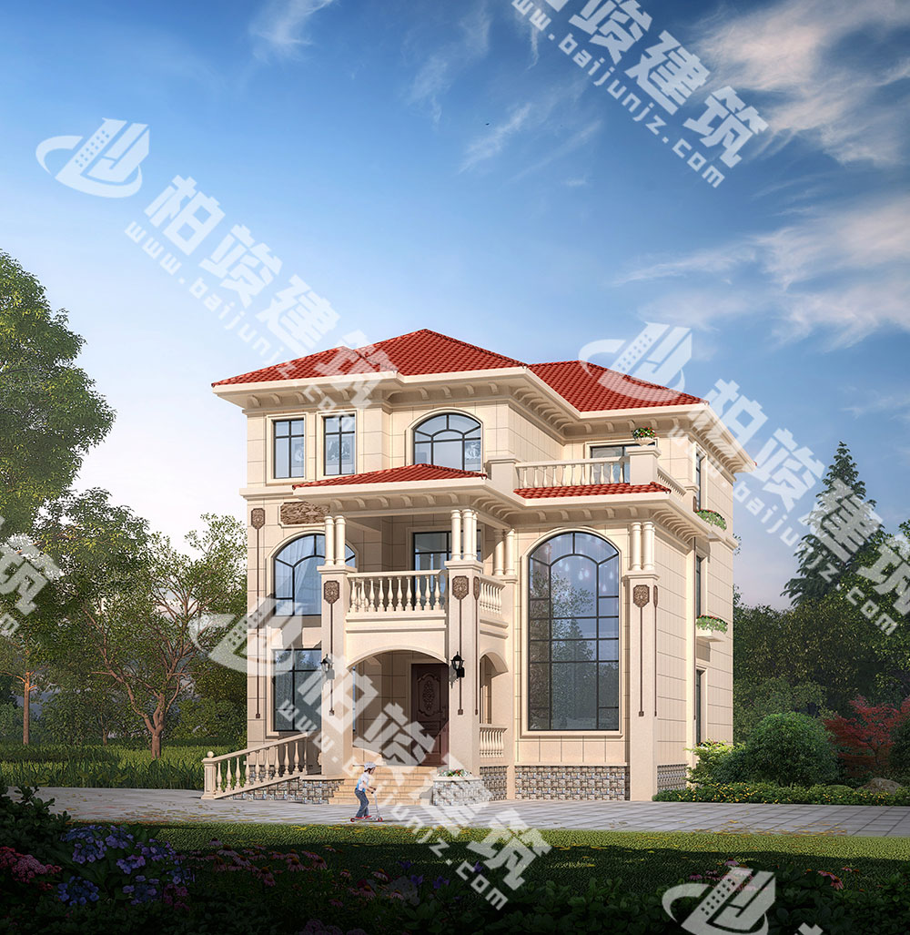 農村三層別墅設計圖紙，簡歐風格，帶雙層落地窗、輪椅坡道