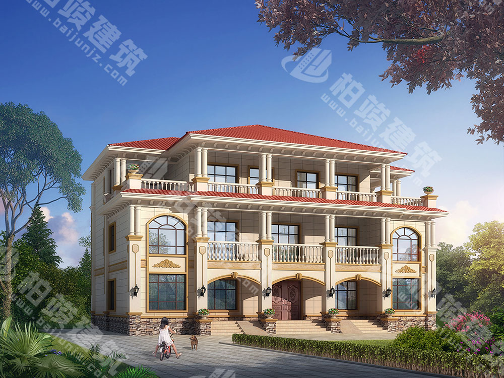 農村自建房設計圖，三層雙拚別墅，氣派簡歐風格，帶堂屋神龕位