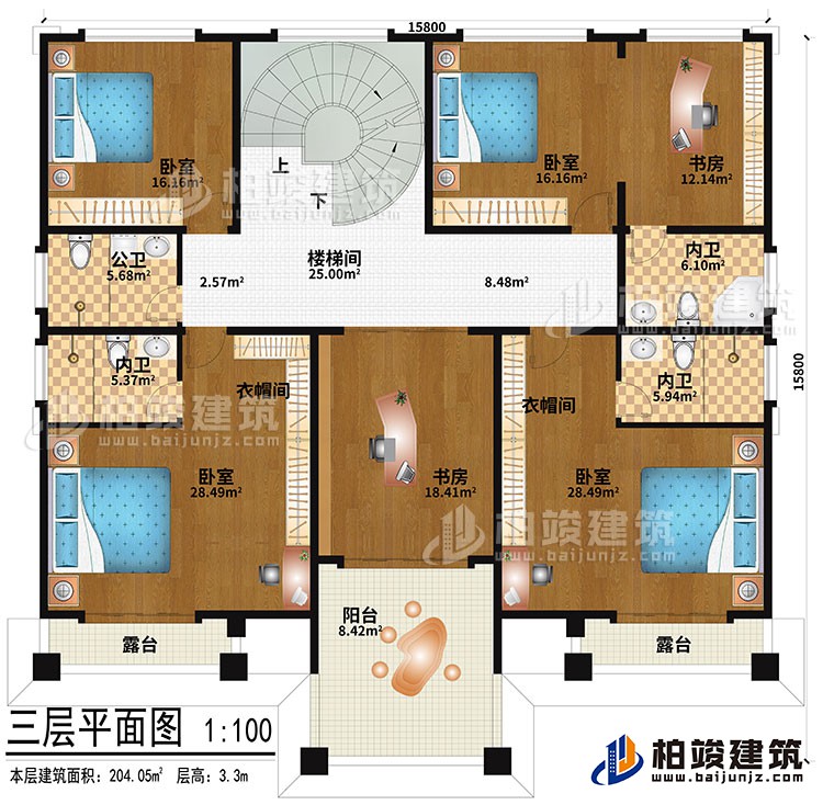 三層：樓梯間、4臥室、2衣帽間、2書房、公衛、3內衛、2露台、陽台