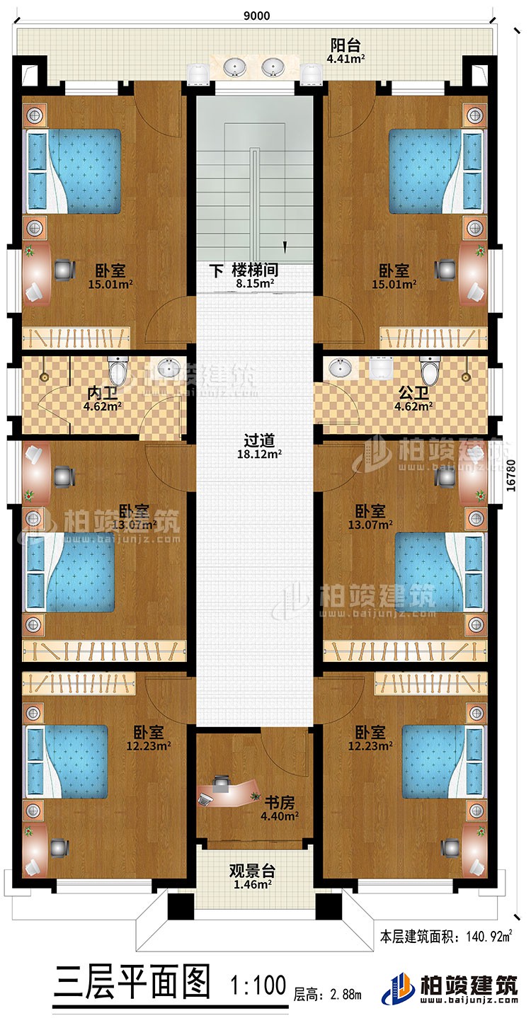 三層：6臥室、過道、樓梯間、書房、觀景台、公衛、內衛、陽台