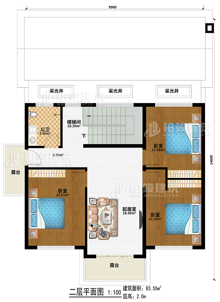 二層：3采光井、樓梯間、起居室、3臥室、2露台