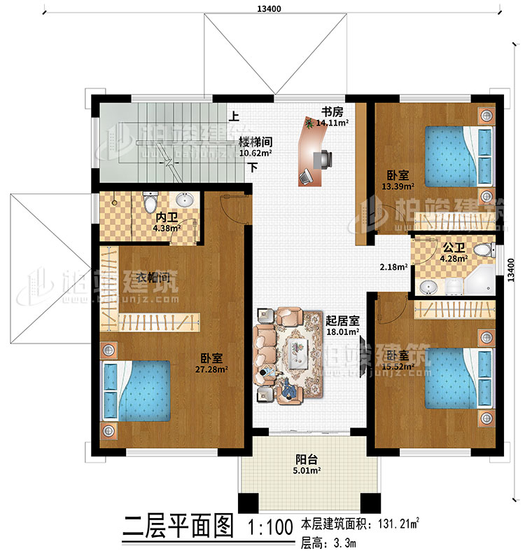 二層：室外觀景露台、地下車庫入口、入戶門廊、玄關、客廳、神龕、茶室、樓梯間、2臥室、公衛、內衛